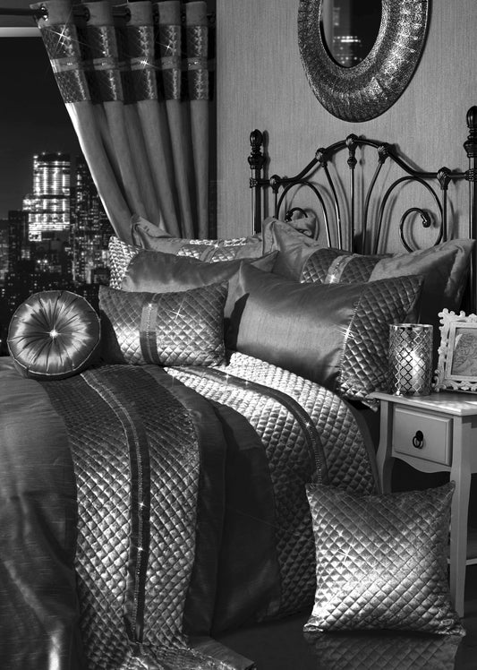 Kylie Duvet Set Luxurious Charcoal Gold Velvet Bedding with Quilted Trim & Diamante Detailing in Various Sizes by OLIVIA ROCCO