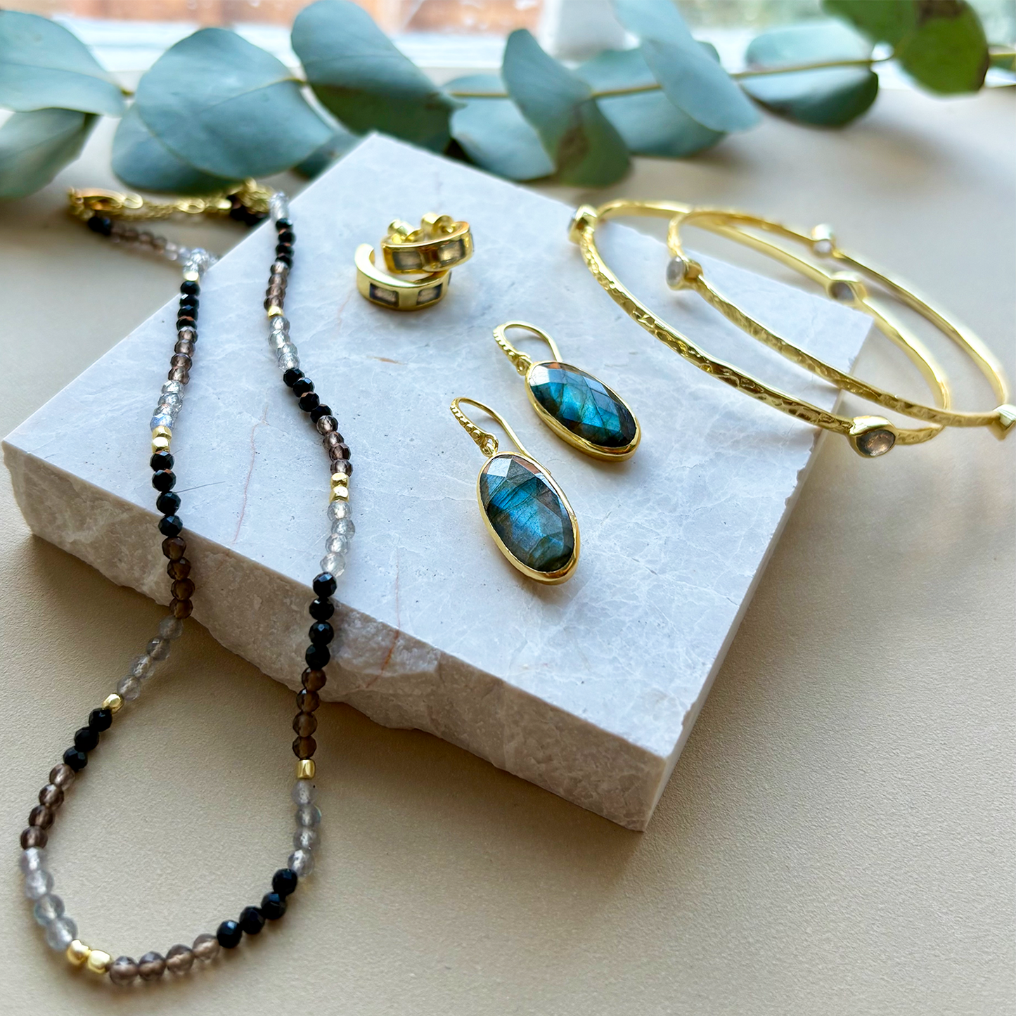 Thalia Three Stone Stacking Bangle Rainbow Moonstone