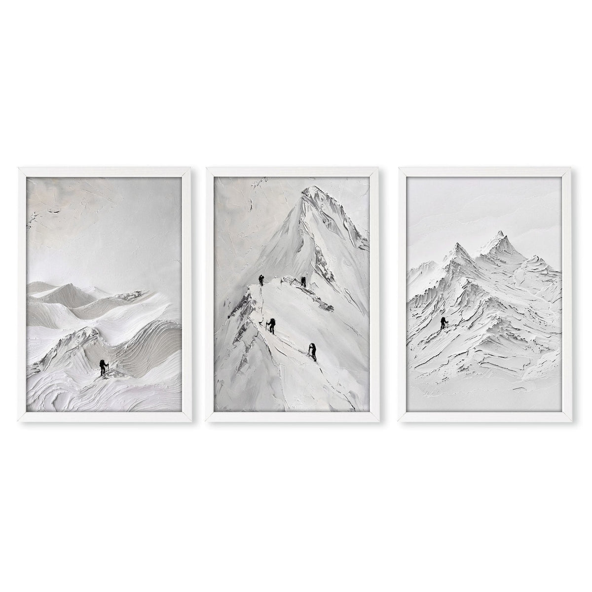 Landscape Art Nordic Mountain Climbers White & Grey Wall Art Prints | Set of 3