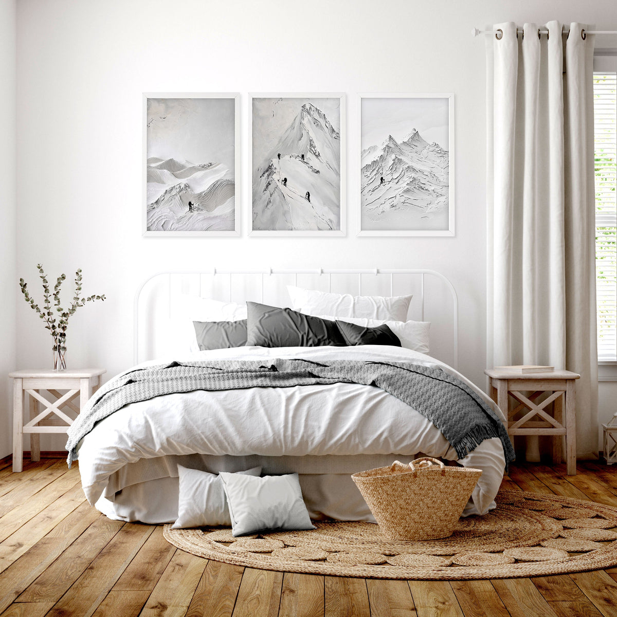 Landscape Art Nordic Mountain Climbers White & Grey Wall Art Prints | Set of 3