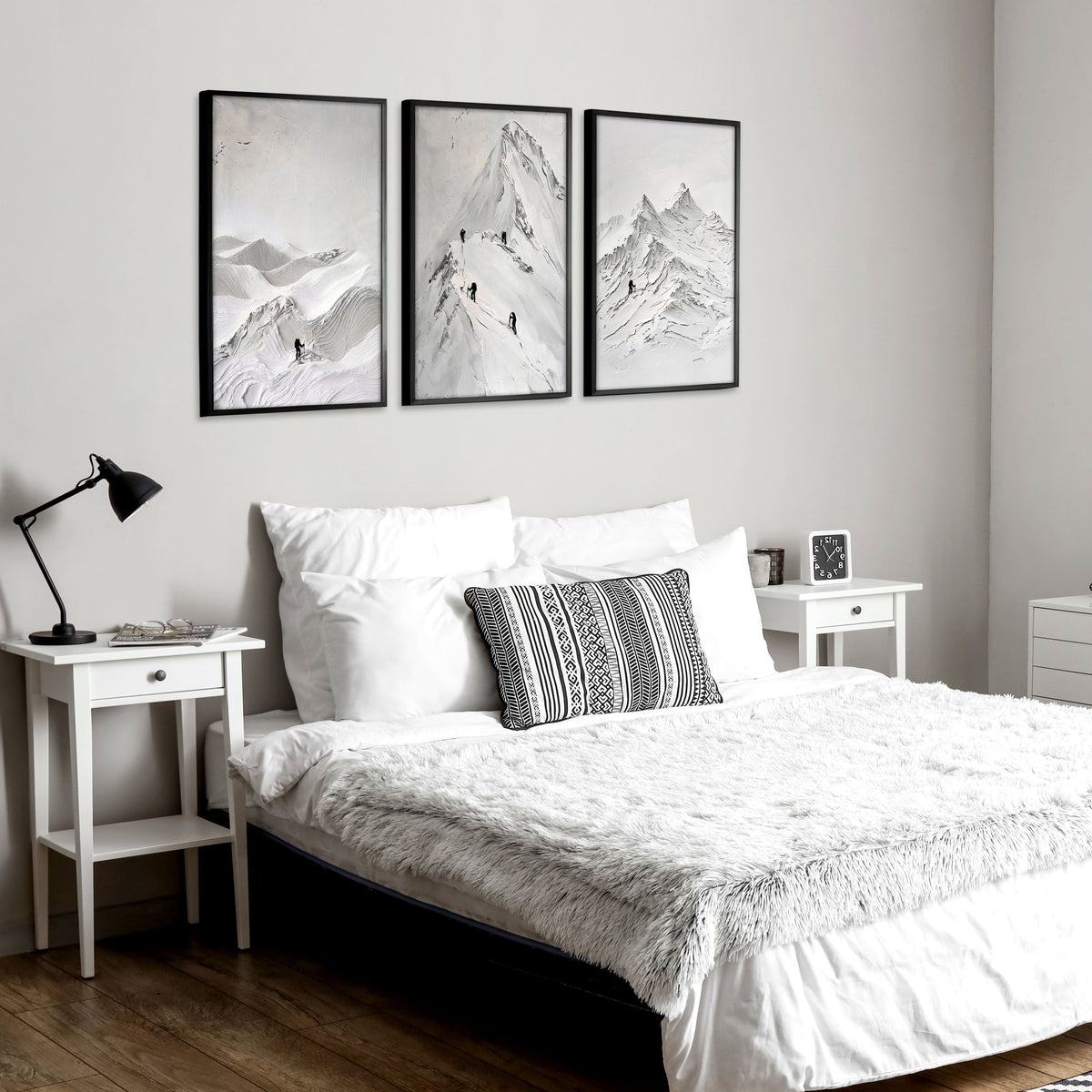 Landscape Art Nordic Mountain Climbers White & Grey Wall Art Prints | Set of 3