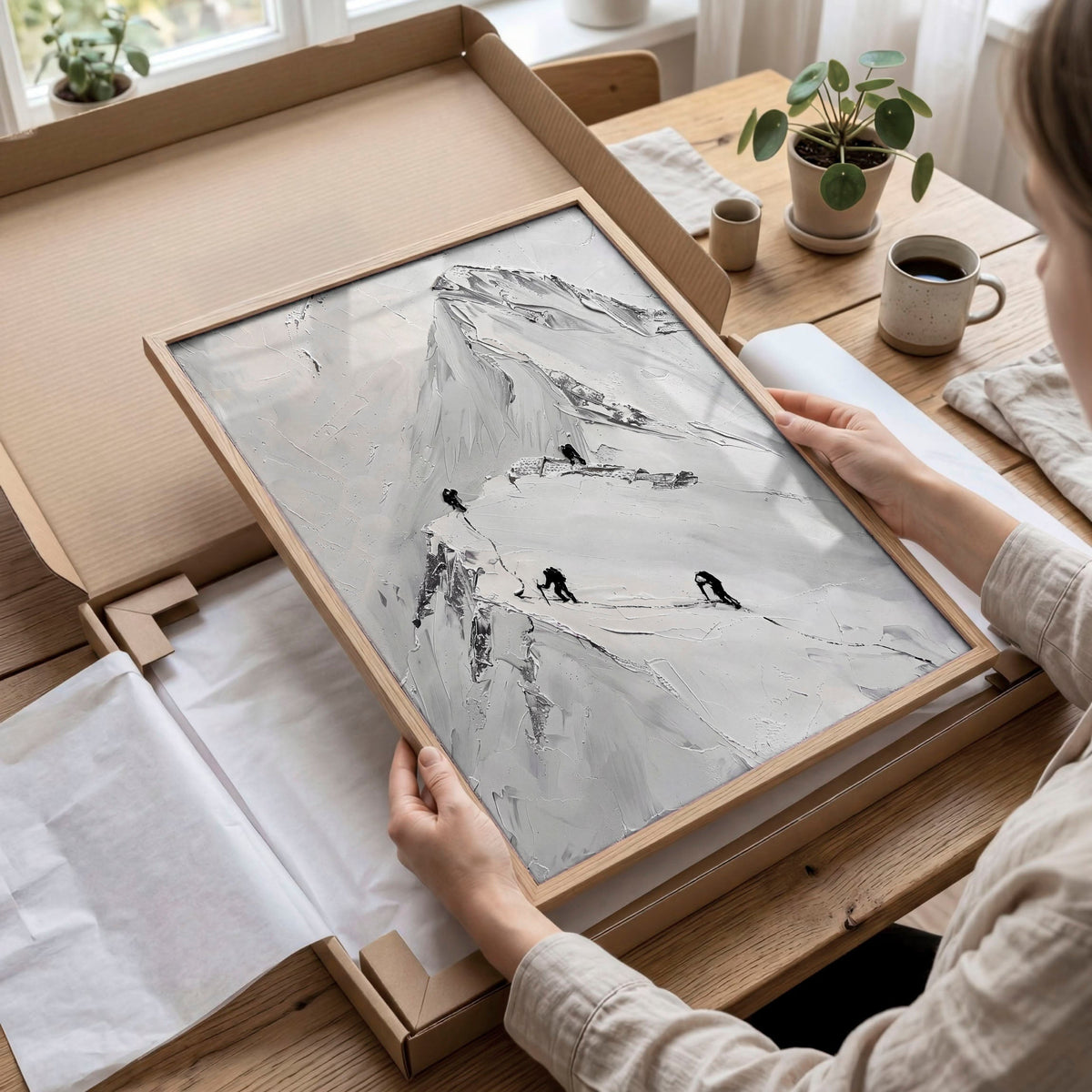 Landscape Art Nordic Mountain Climbers White & Grey Wall Art Prints | Set of 3