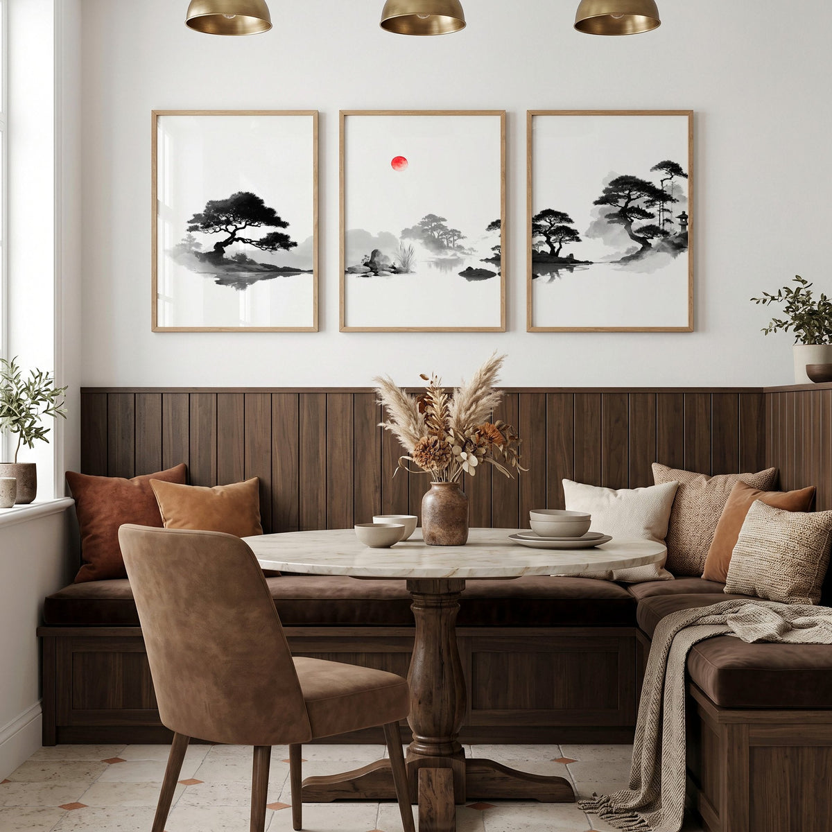 Landscape Art Painting Japanese Ink Zen Bonsai & Red Sun Wall Art Prints | Set of 3