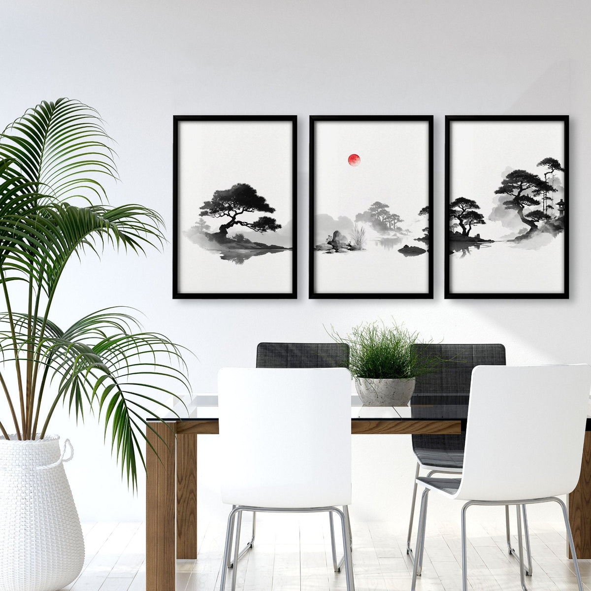 Landscape Art Painting Japanese Ink Zen Bonsai & Red Sun Wall Art Prints | Set of 3
