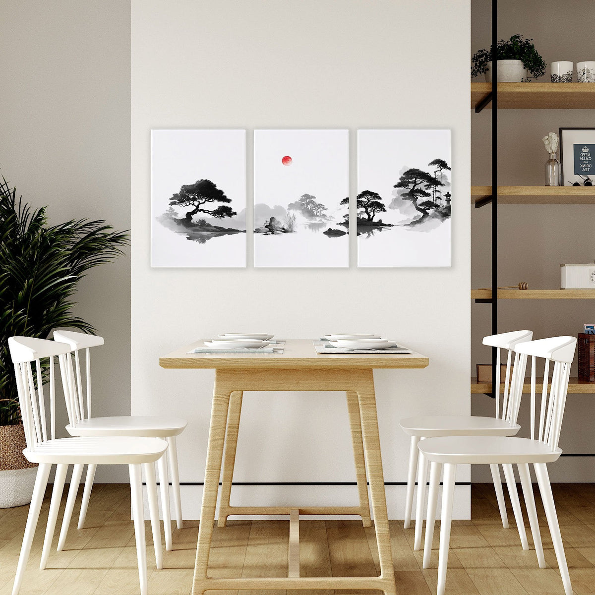 Landscape Art Painting Japanese Ink Zen Bonsai & Red Sun Wall Art Prints | Set of 3