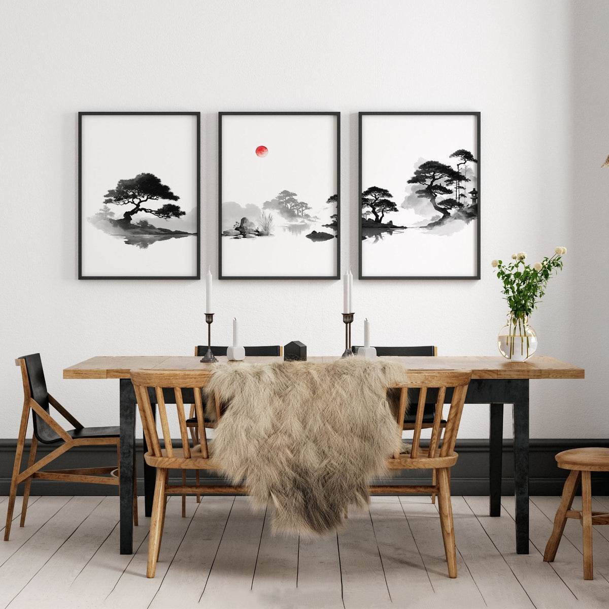 Landscape Art Painting Japanese Ink Zen Bonsai & Red Sun Wall Art Prints | Set of 3