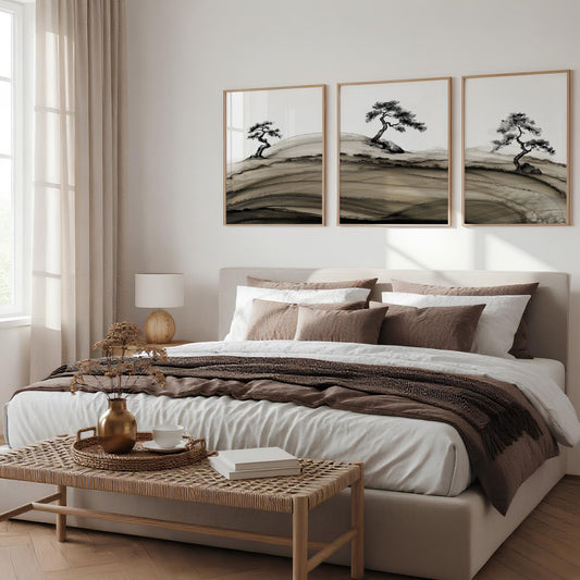 Landscape Prints Japanese Ink Bonsai Trees on Rolling Hills | Set of 3