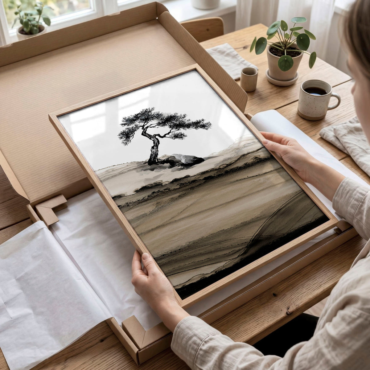 Landscape Prints Japanese Ink Bonsai Trees on Rolling Hills | Set of 3
