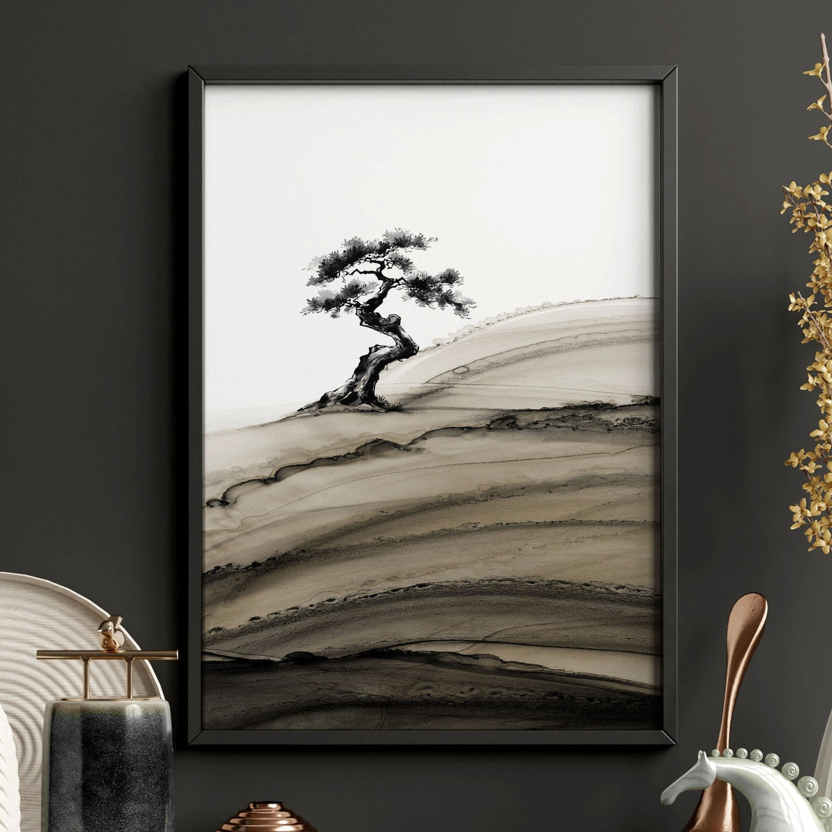 Landscape Prints Japanese Ink Bonsai Trees on Rolling Hills | Set of 3