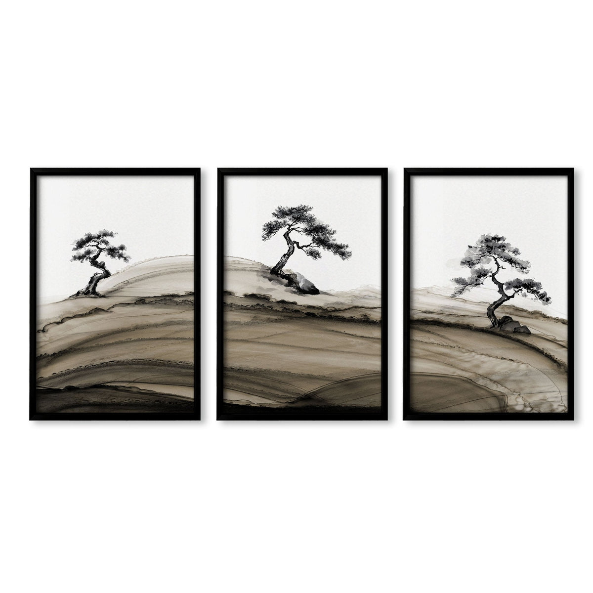 Landscape Prints Japanese Ink Bonsai Trees on Rolling Hills | Set of 3