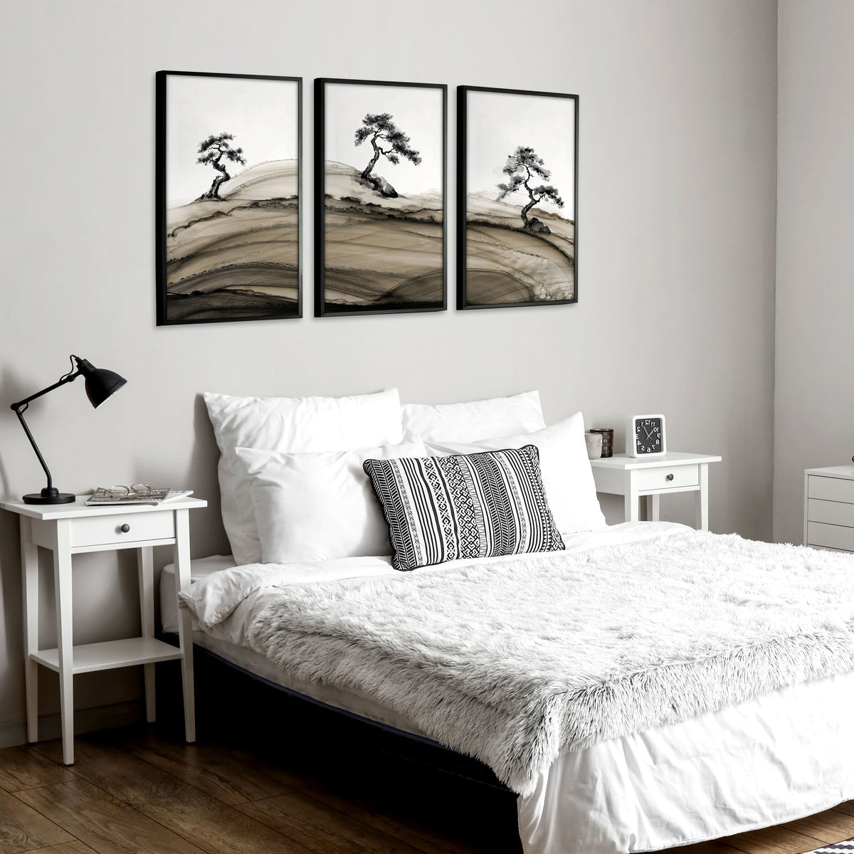 Landscape Prints Japanese Ink Bonsai Trees on Rolling Hills | Set of 3