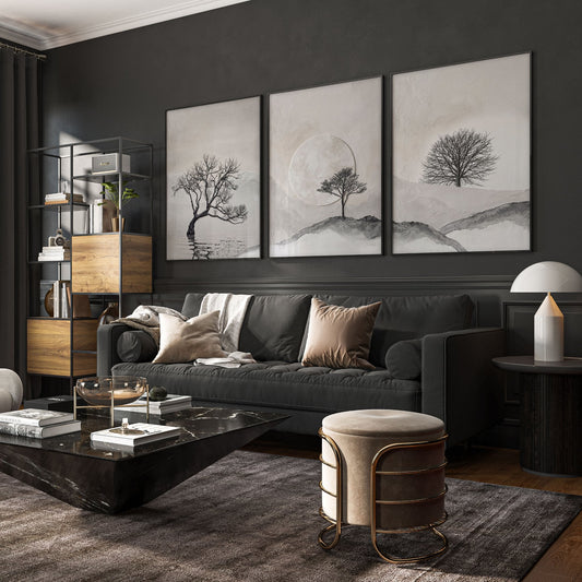 Large 3 Piece Wall Art for Living Room | Scandinavian Nordic Trees & Moon Landscape | Set of 3