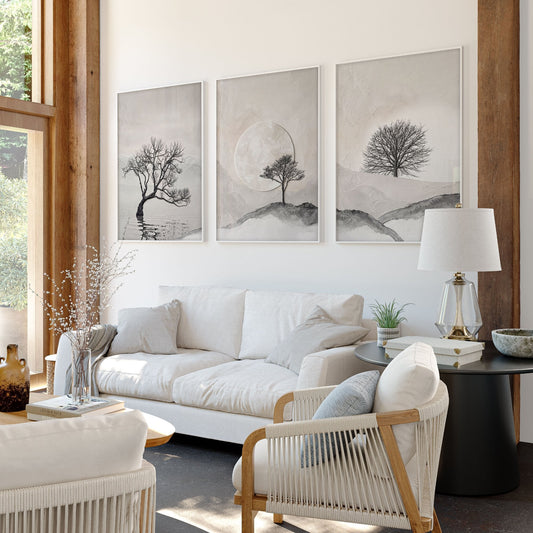 Large 3 Piece Wall Art for Living Room | Scandinavian Nordic Trees & Moon Landscape | Set of 3