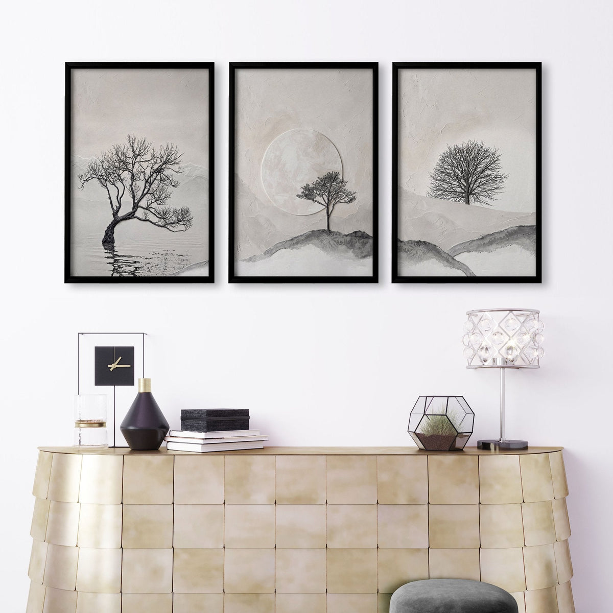 Large 3 Piece Wall Art for Living Room | Scandinavian Nordic Trees & Moon Landscape | Set of 3