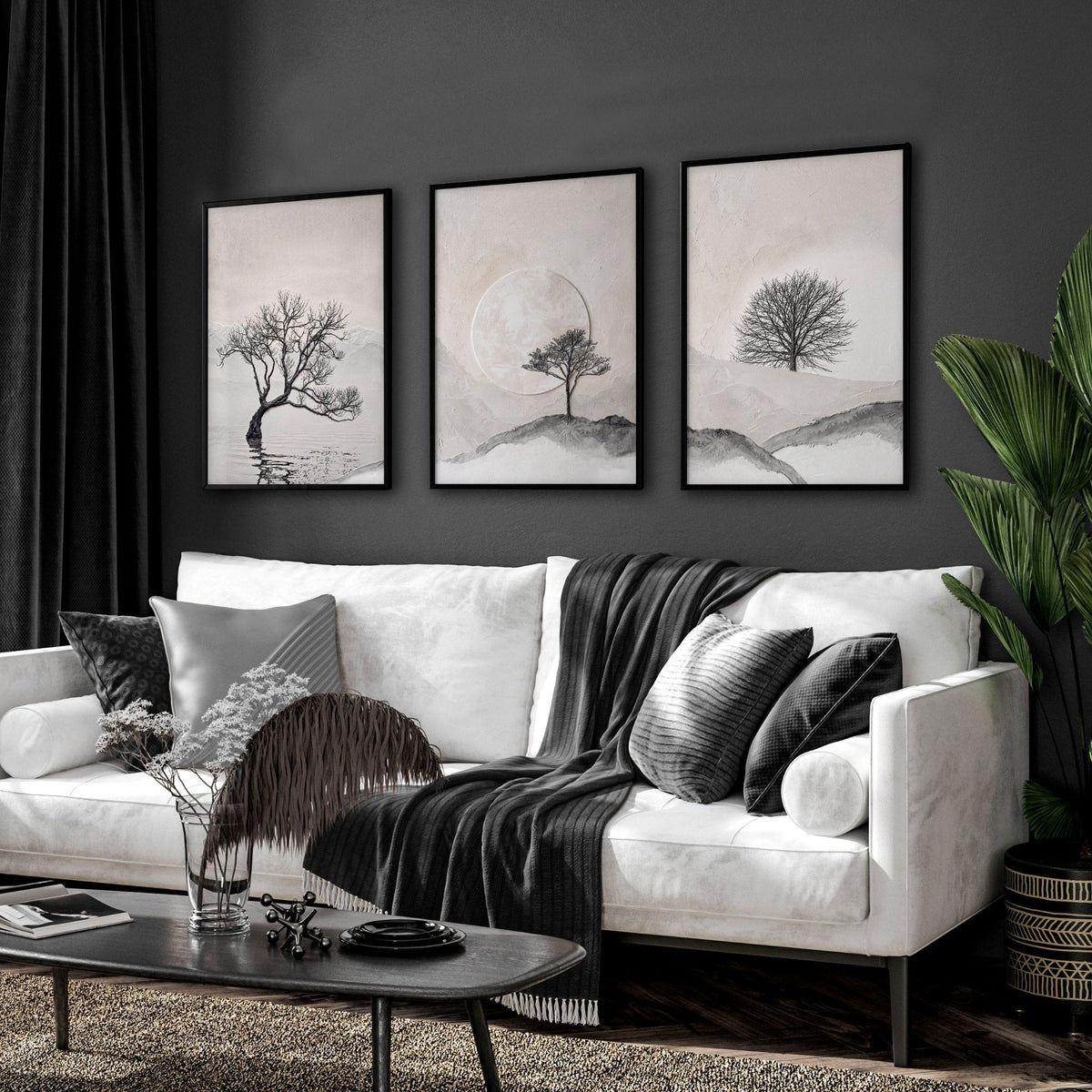 Large 3 Piece Wall Art for Living Room | Scandinavian Nordic Trees & Moon Landscape | Set of 3