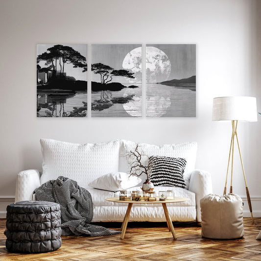 Large Art Living Room Japanese Moonrise Silhouette Wall Art Prints | Set of 3