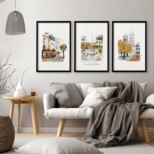 Large Artwork for Living Room Autumn Paris Watercolour | "Paris, aux couleurs de l'automne" | Set of 3