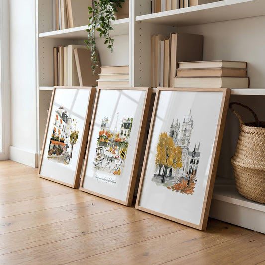 Large Artwork for Living Room Autumn Paris Watercolour | "Paris, aux couleurs de l'automne" | Set of 3