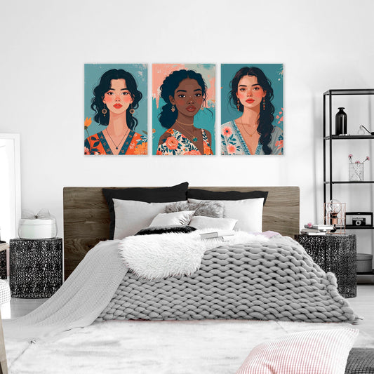 Large Bedroom Wall Art | Set of 3 Boho Women Wall art Prints