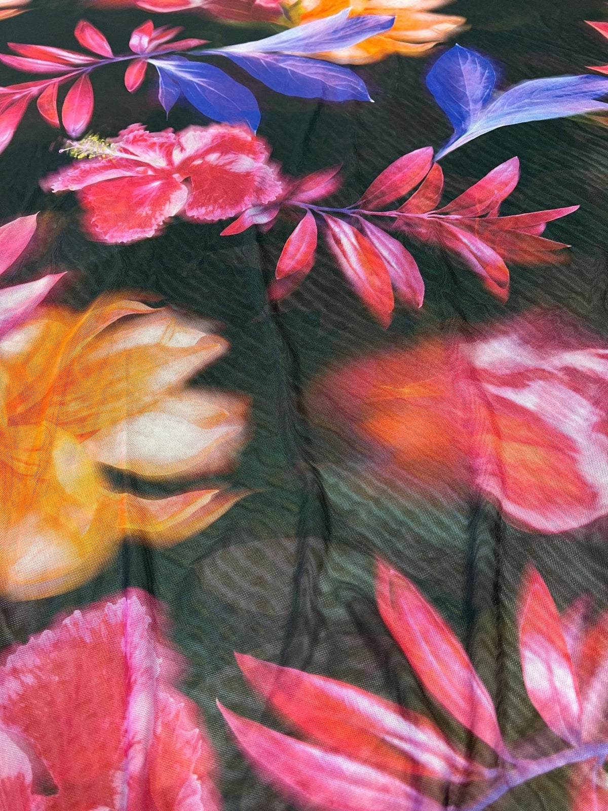 Large Black Floral Print Mesh Fabric Stretch
