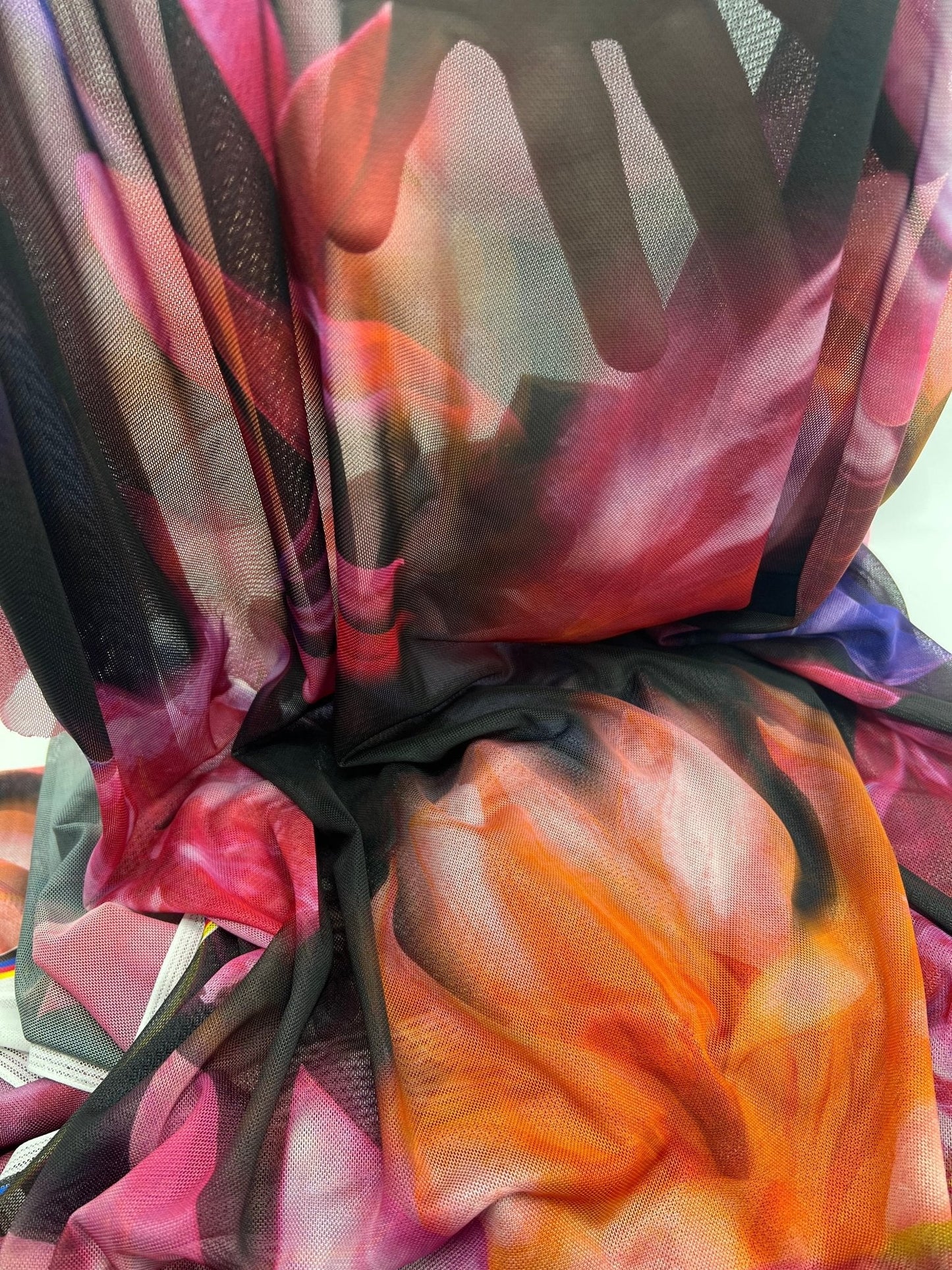 Large Black Floral Print Mesh Fabric Stretch