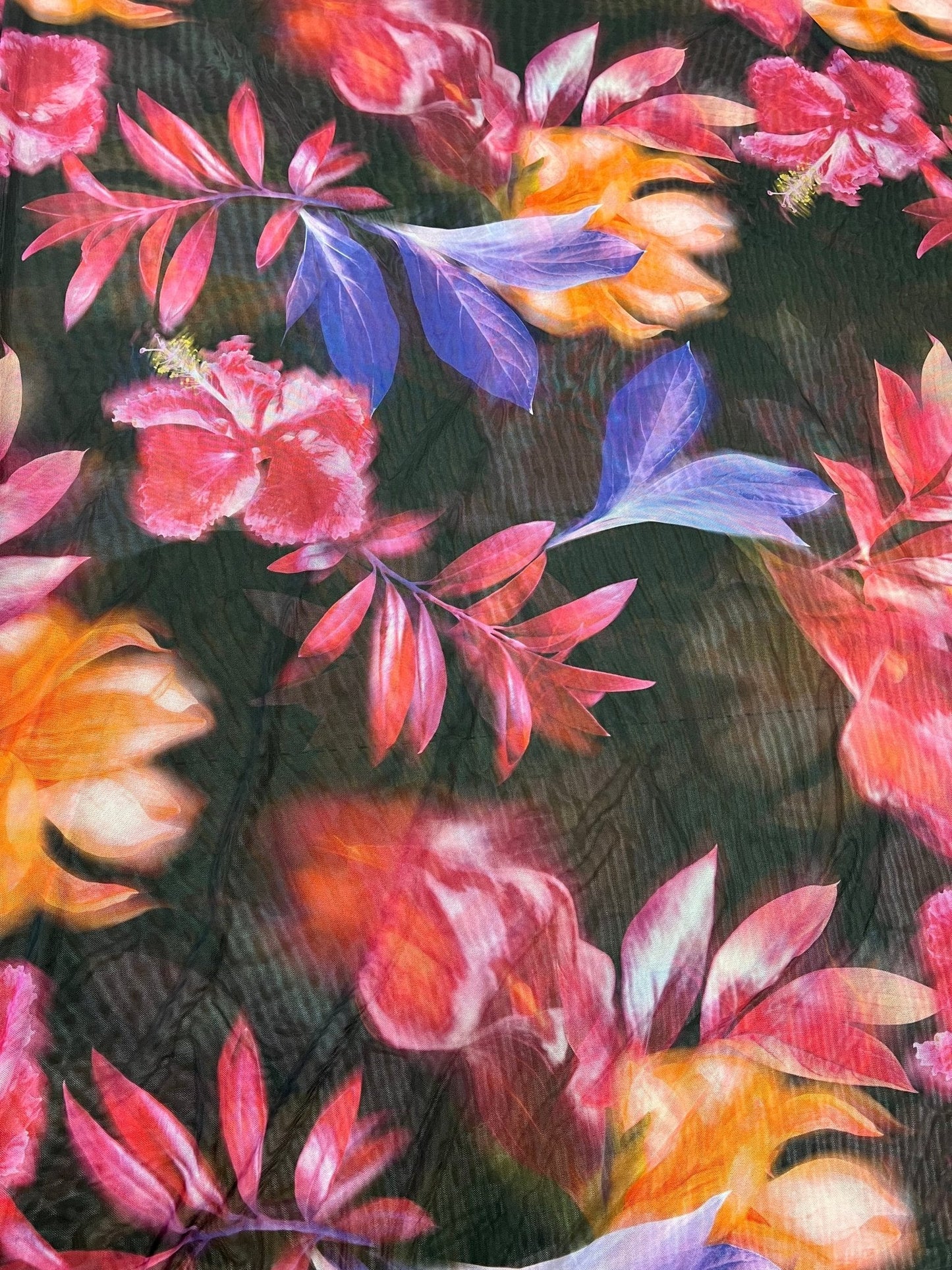 Large Black Floral Print Mesh Fabric Stretch