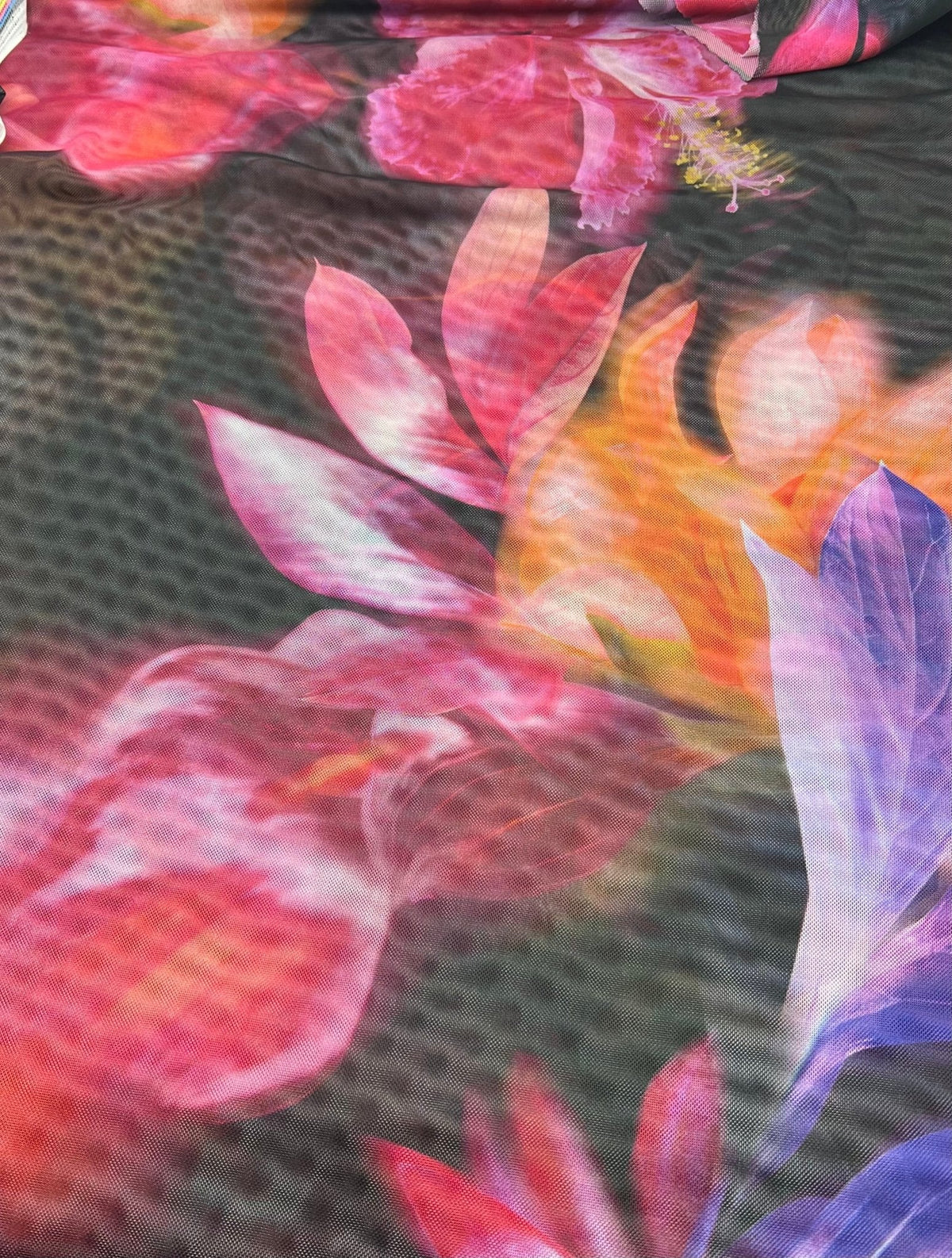 Large Black Floral Print Mesh Fabric Stretch