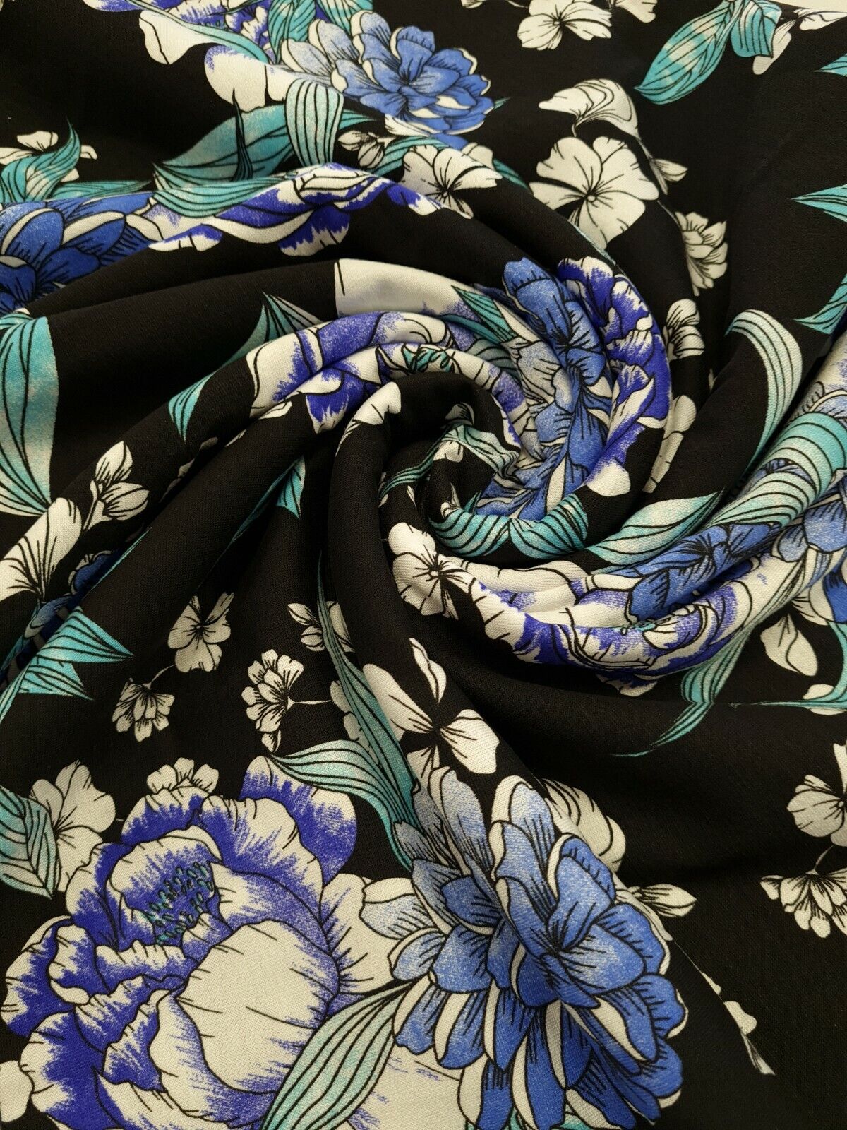 Large Blue Sketch Floral Print Viscose Elastane Fabric