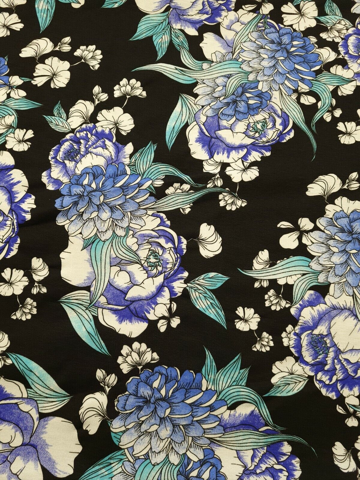 Large Blue Sketch Floral Print Viscose Elastane Fabric
