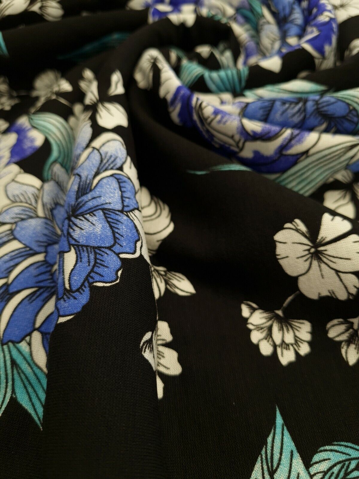Large Blue Sketch Floral Print Viscose Elastane Fabric