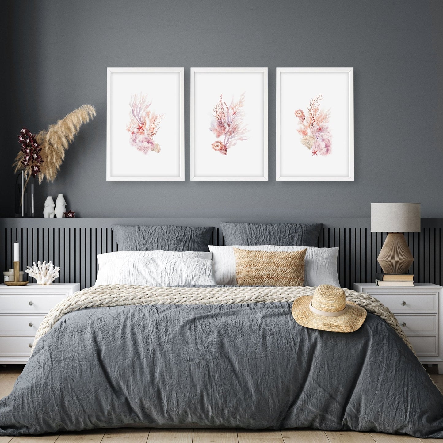 Large Coastal Wall Art | Set of 3 Seashells Wall art Prints