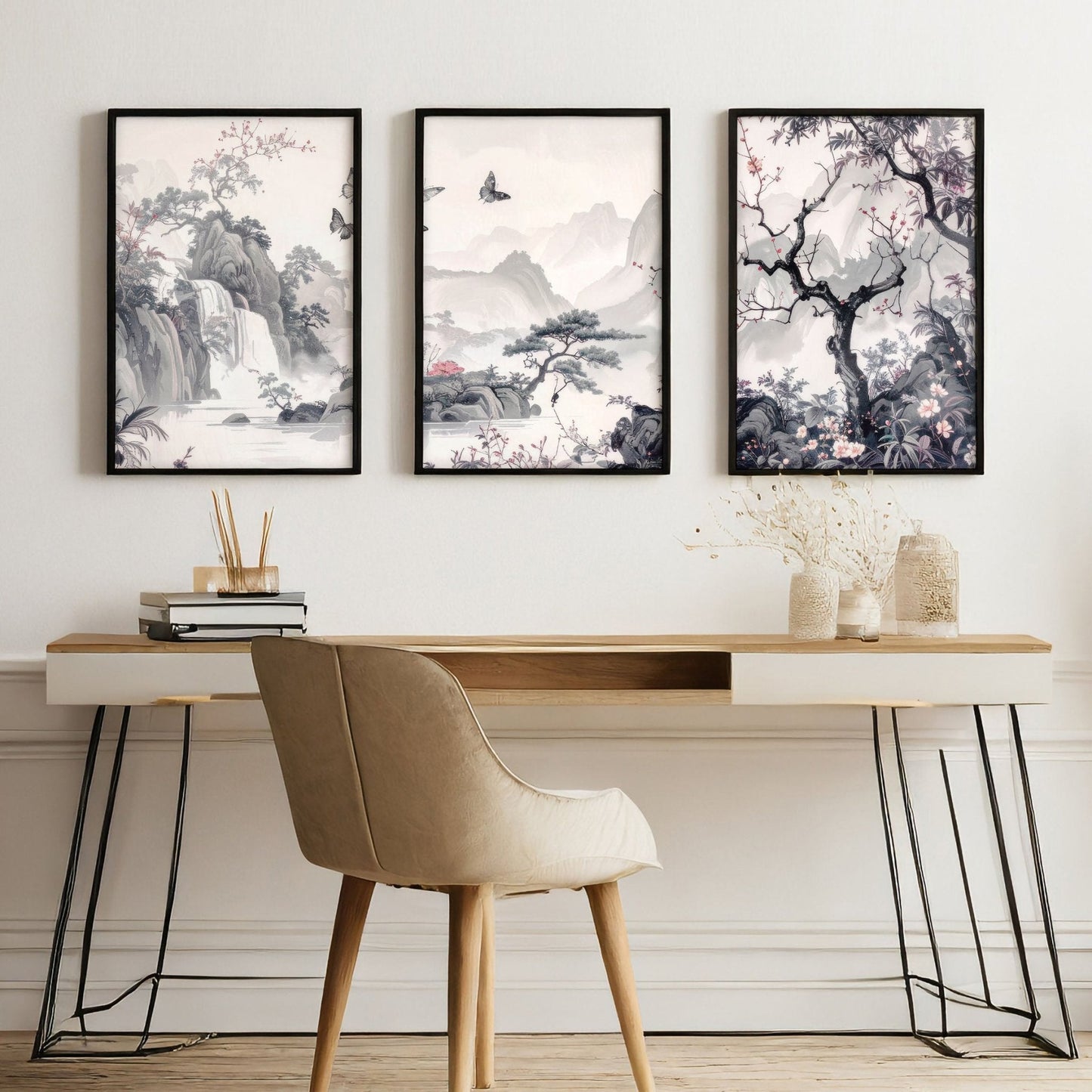 Large Contemporary Wall Art | Set of 3 Chinoiserie Wall art Prints