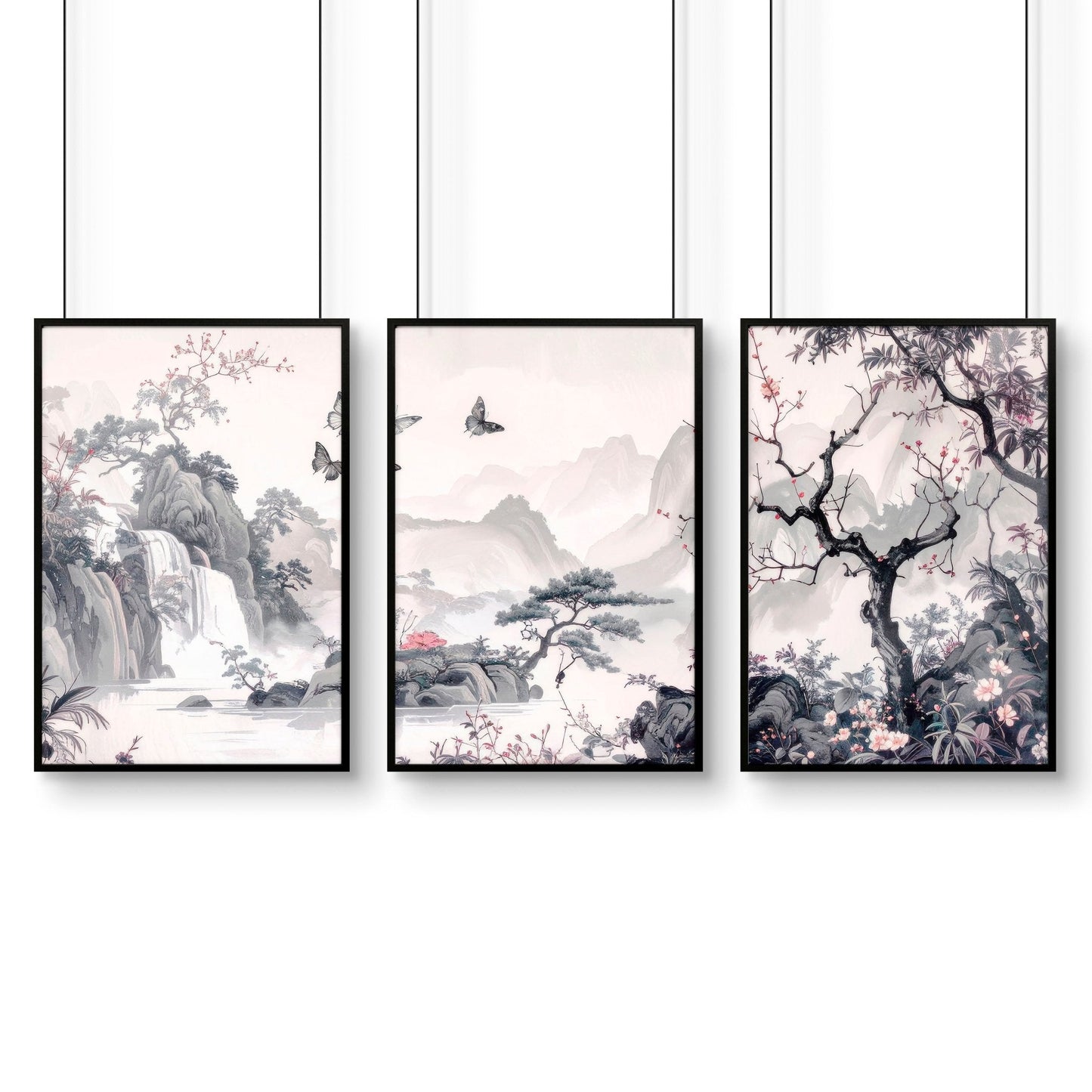 Large Contemporary Wall Art | Set of 3 Chinoiserie Wall art Prints