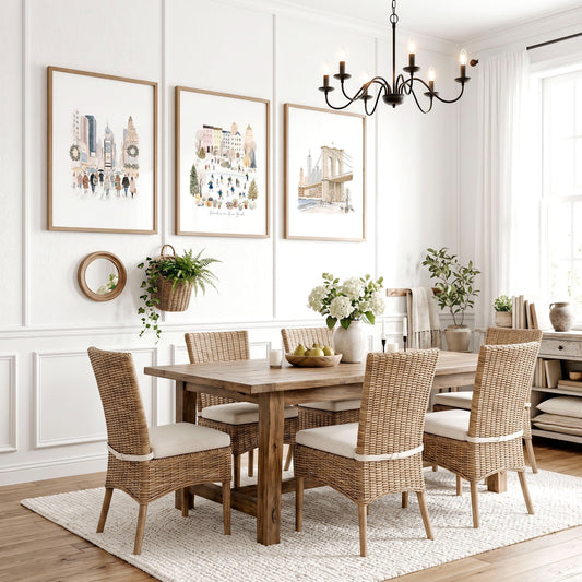 Large Dining Room Wall Art "Winter in New York" Beige Pastel NYC Travel Prints | Set of 3