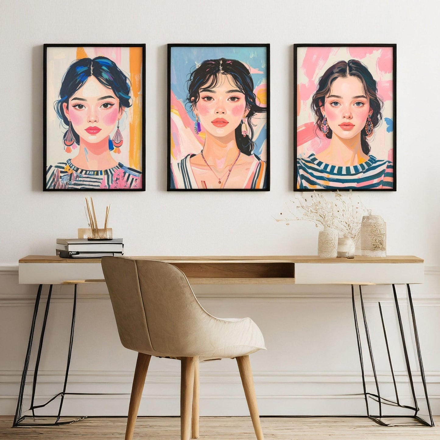 Large Framed Pictures | Set of 3 Boho Women Wall art Prints