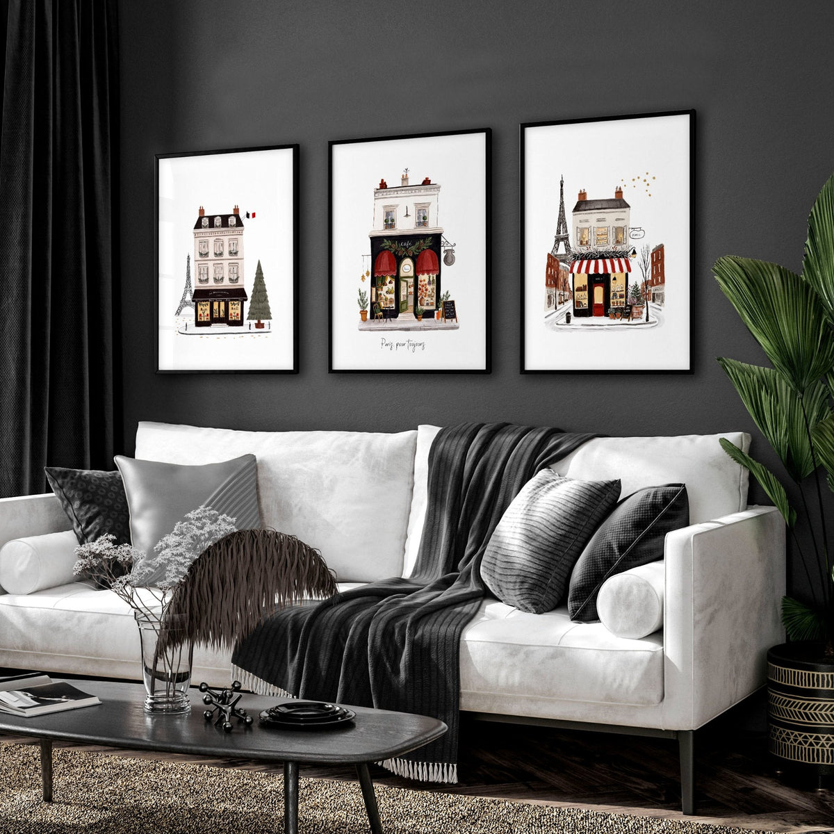 Large Framed Wall Pictures for Living Room Paris Boutique Street Scenes "Paris, pour toujours" | Set of 3