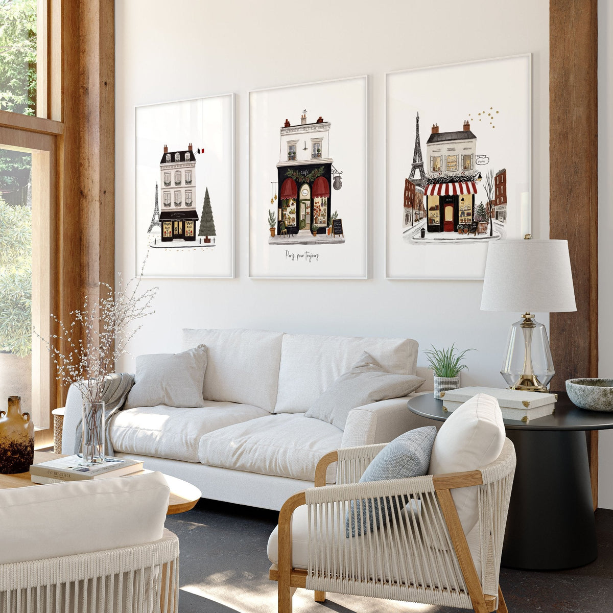 Large Framed Wall Pictures for Living Room Paris Boutique Street Scenes "Paris, pour toujours" | Set of 3