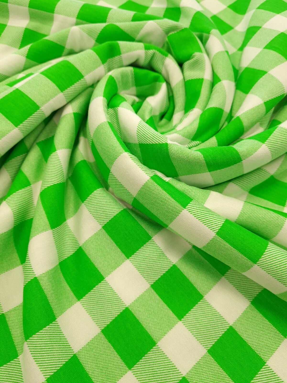 Large Green Gingham Print Viscose Elastane Fabric
