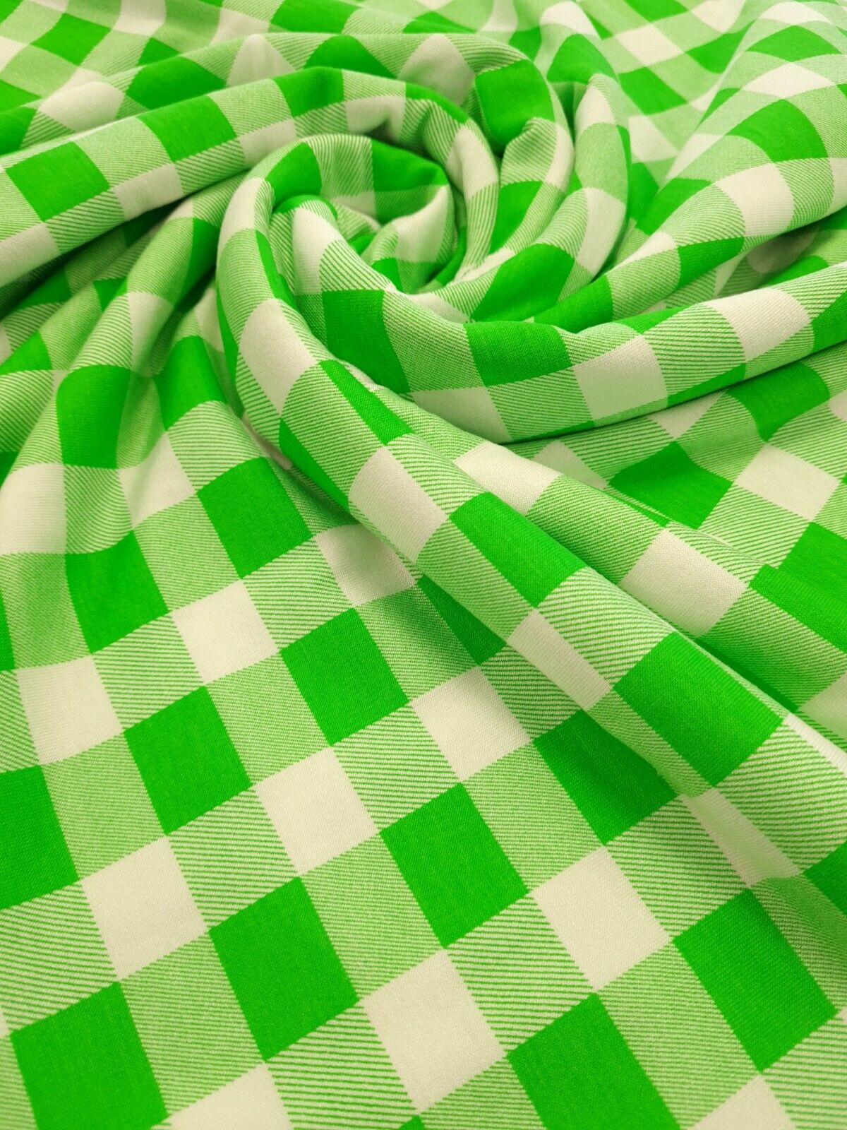 Large Green Gingham Print Viscose Elastane Fabric