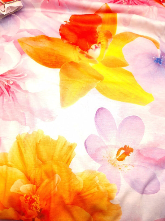 Large Lilac Orange Floral Print Spun Poly Stretch Fabric