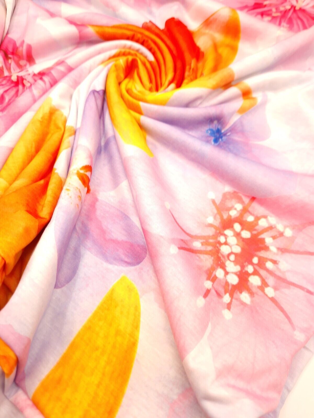 Large Lilac Orange Floral Print Spun Poly Stretch Fabric