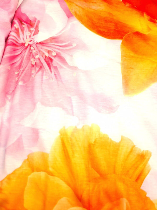 Large Lilac Orange Floral Print Spun Poly Stretch Fabric
