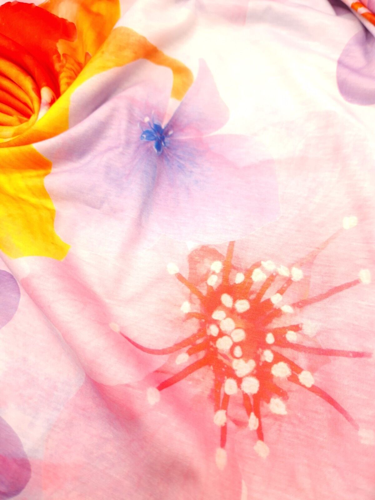 Large Lilac Orange Floral Print Spun Poly Stretch Fabric
