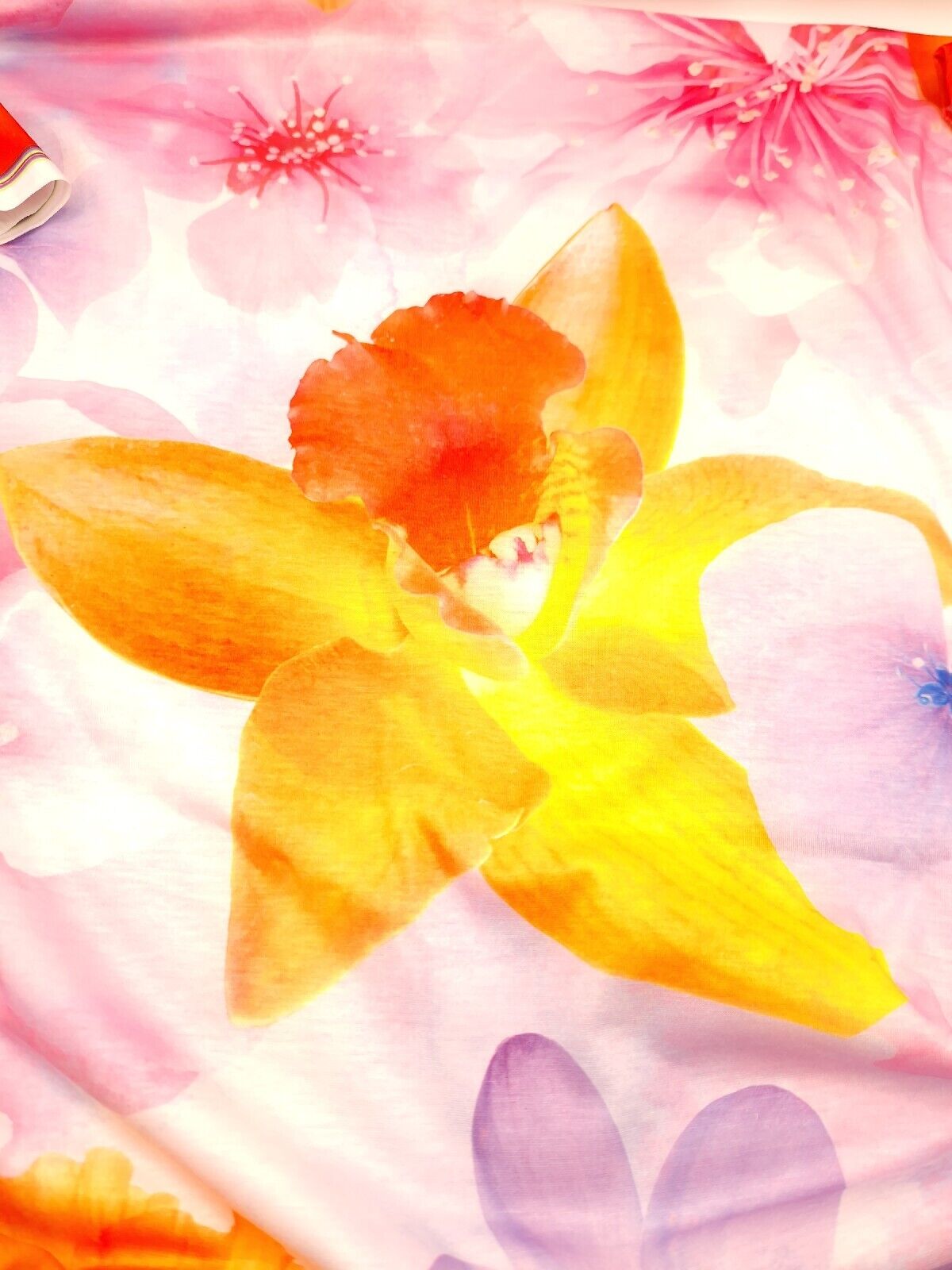 Large Lilac Orange Floral Print Spun Poly Stretch Fabric