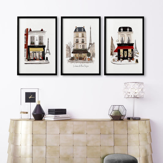 Large Living Room Wall Art Paris Street Café Scenes in Beige, Black & Bordeaux | "Le charme de l'hiver Parisien" | Set of 3