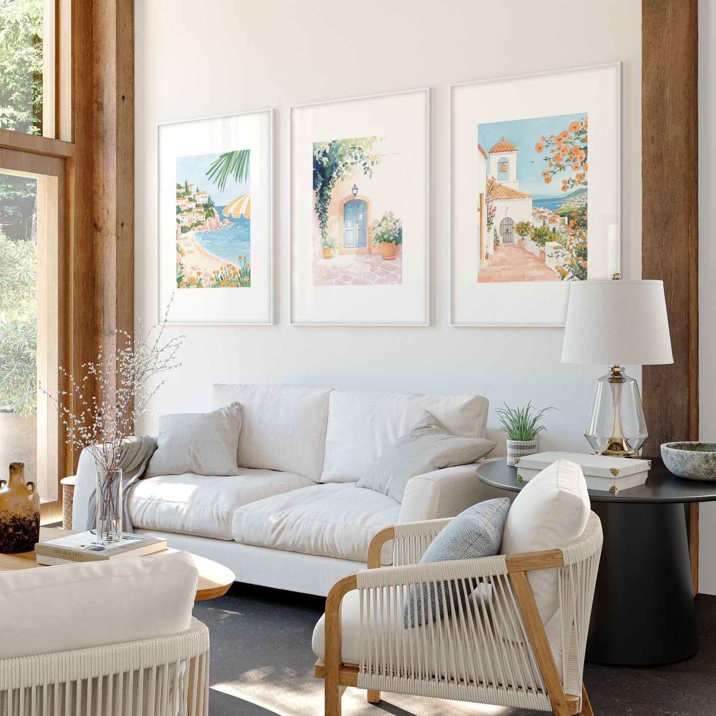 Large Modern Pictures For Living Room | Set of 3 Beach Decor Wall art Prints