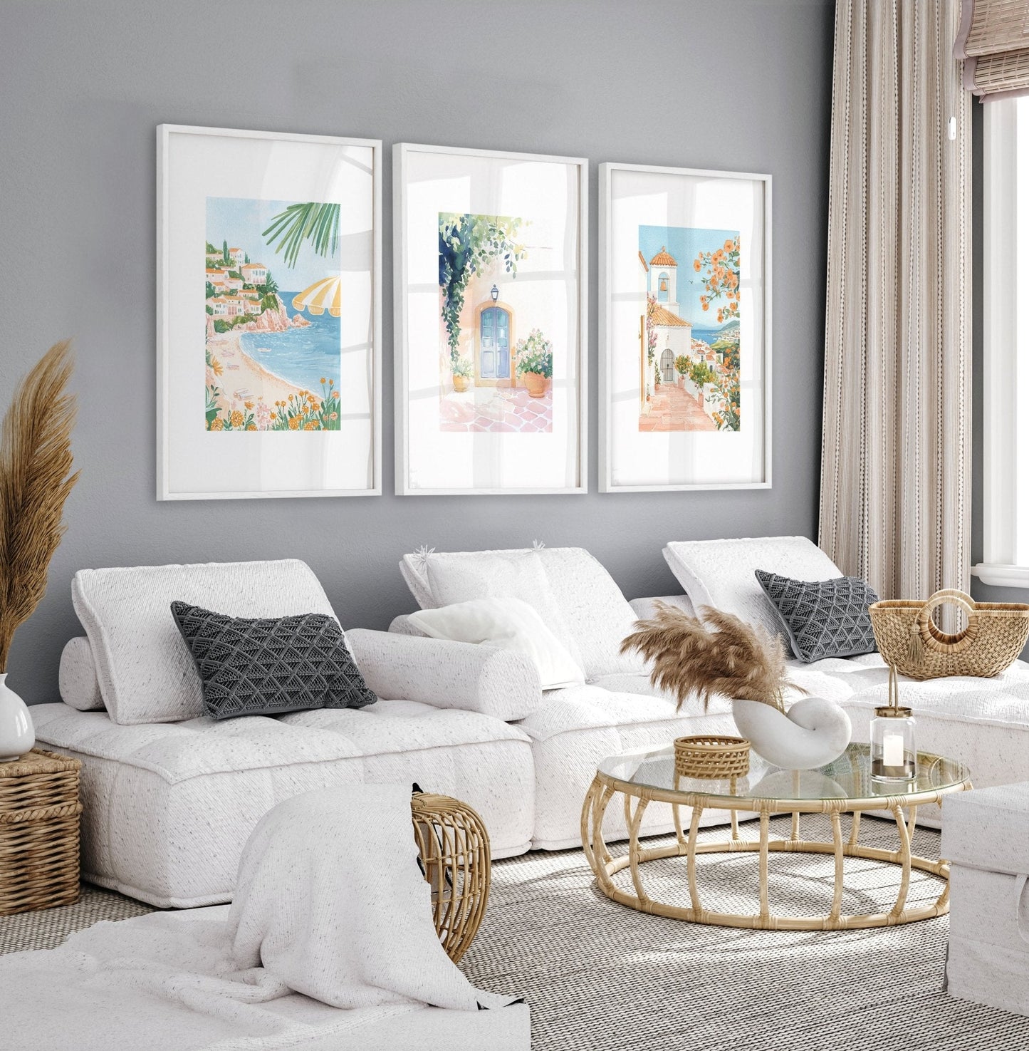 Large Modern Pictures For Living Room | Set of 3 Beach Decor Wall art Prints