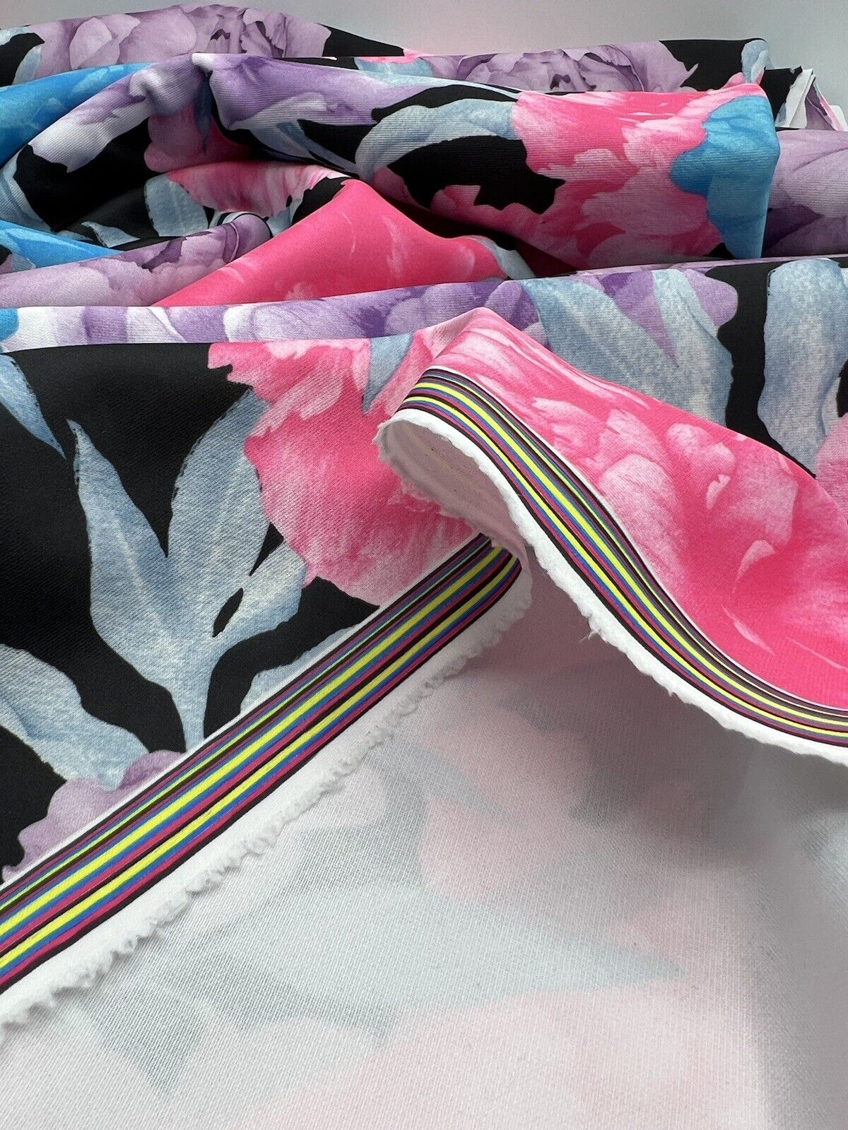 Large Multi Floral Printed Plain Scuba 4 Way Stretch Jersey Fabric