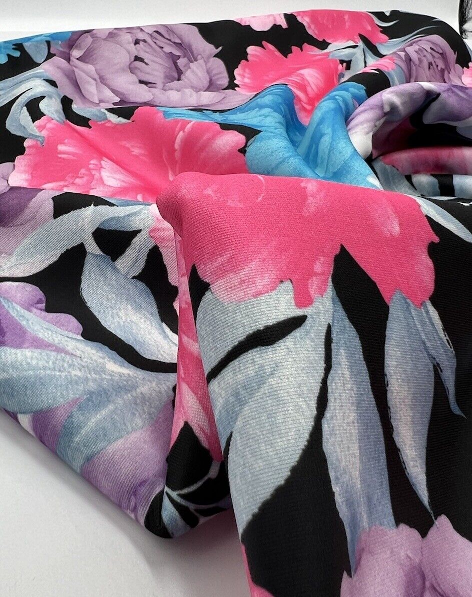 Large Multi Floral Printed Plain Scuba 4 Way Stretch Jersey Fabric