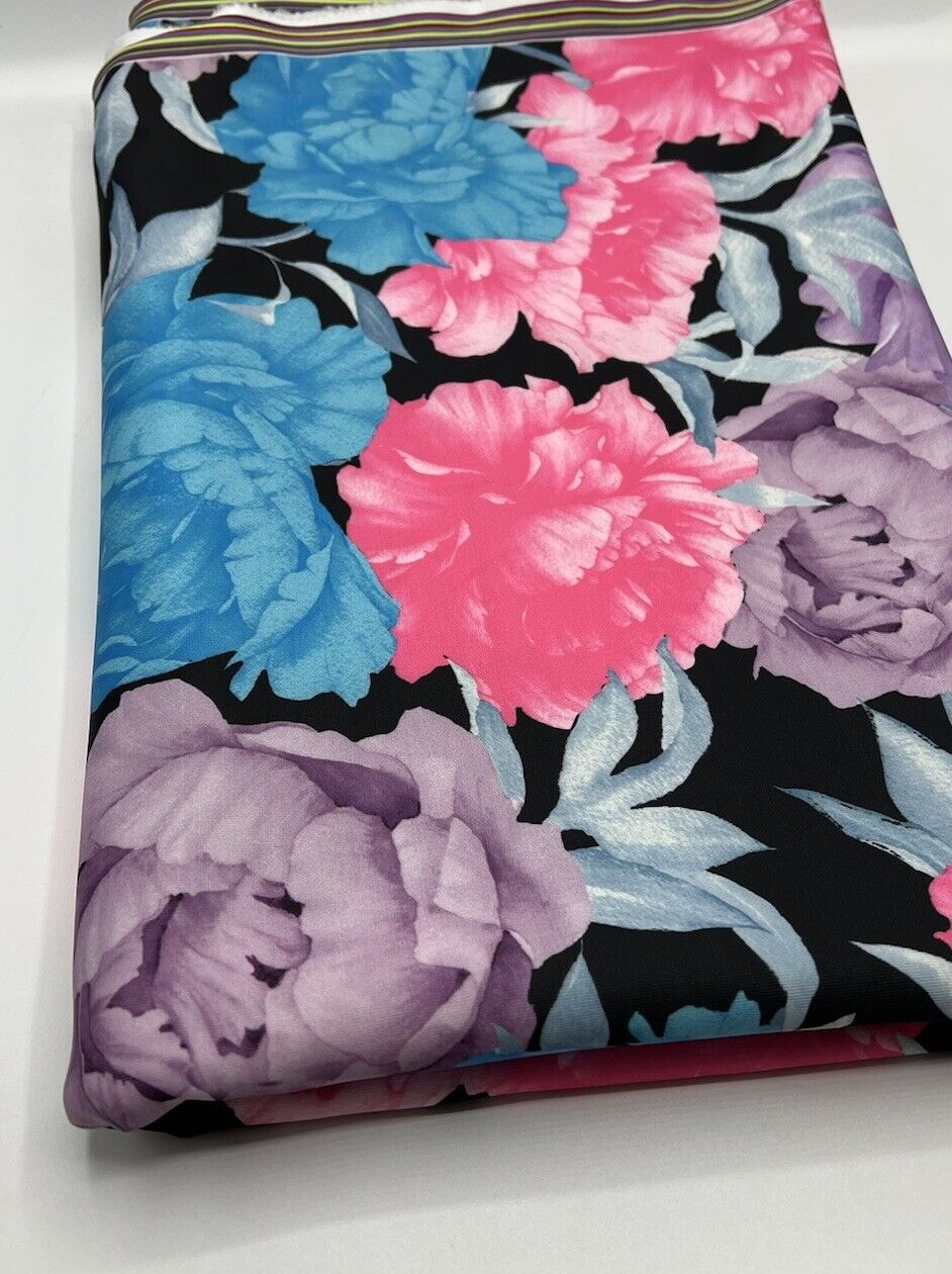 Large Multi Floral Printed Plain Scuba 4 Way Stretch Jersey Fabric